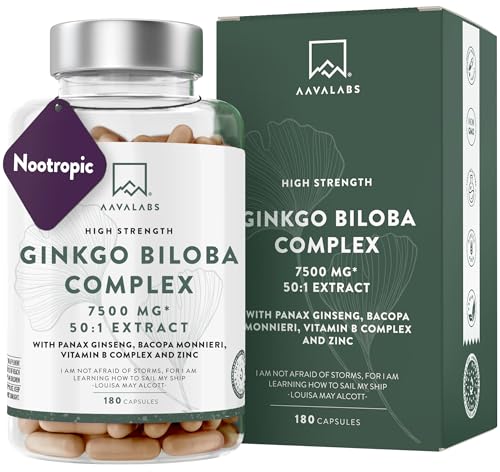 Ginkgo Biloba Herbal Supplements with Bacopa Monnieri & Ginseng, 180 Capsules