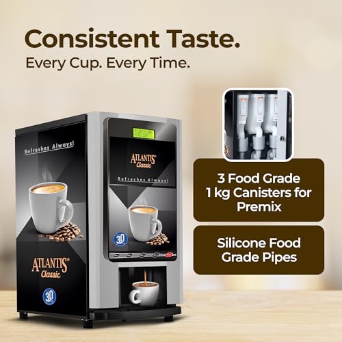 Image of ATLANTIS Classic 3 Lane Tea /Coffee Vending Machine - 3 Liters Hot Tank | Premix Based Instant Hot Beverage Dispenser
