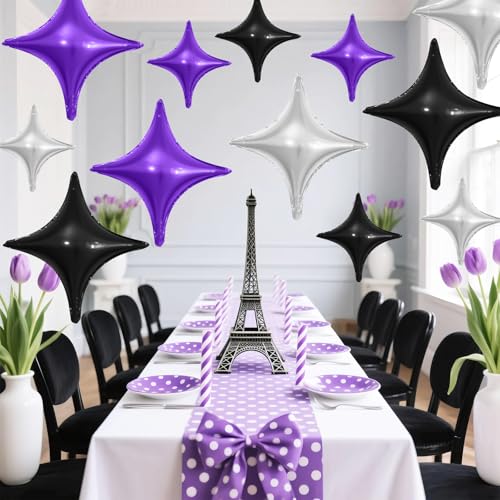Image of Black Purple Silver Star Balloons,12Pcs Four Angle Star Foil Balloons