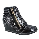 Forever Link Women's Fashion Glitter High Top Lace Up Wedge Sneaker Shoes,Black,8.5