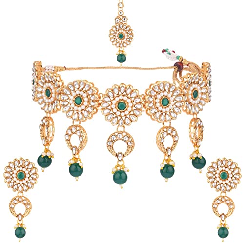 Efulgenz Indian Jewelry Set Kundan Crystal Choker Necklace Dangle Earrings Maang Tikka Head Chain Bollywood Wedding Jewelry for Women