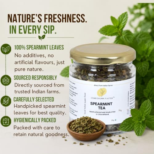 Image of Homegrown Platter Organic Spearmint Herbal Tea | Antioxidants Rich Refreshing Tea | Loose Spearmint Leaves | Ayurvedic Menthol Rich Tea - 20g