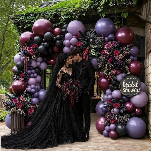 Image of Purple and Black Balloon Arch Garland Kit 102PCS Double Stuffed | Burgundy Dusty Purple Lavender Plum Balloons for Gothic Birthday Wedding Bridal Shower Graduation Halloween Party Decorations