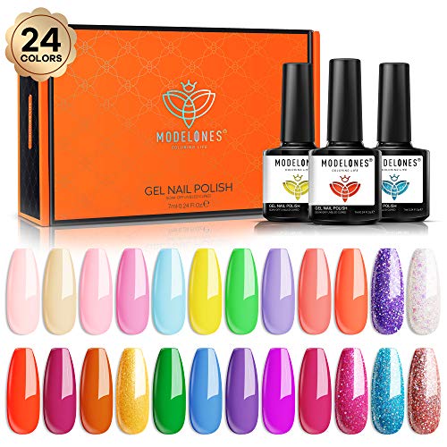 Gel Nail Polish 24 Colors 7 ML Summer Neon Gel Polish Soak Off Nail Gel Polish Kit Glitter Gel Polish Set Beauty Valentines Gifts Set Box by Modelones