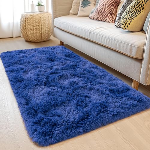 2x6 Fluffy Area Rug - Soft Shag Fuzzy Rug for Bedroom - Non Slip Runner Living Room Girls Rug Home Decor Navy
