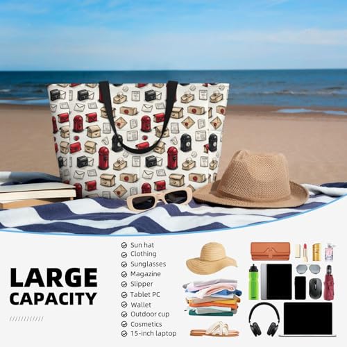 Large Beach Bags for Women Sandproof - Cute Mailbox Print Summer Work Travel Tote Bags with Zipper4