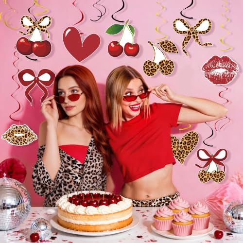Image of 54PCS Cheetah Cherry Print Party Hanging Swirls Cheetah Cherry Birthday Decorations Leopard Print Party Foil Swirls Ceiling Decorations for Women Girl Bachelorette Parties Sulpplies Galentines Day