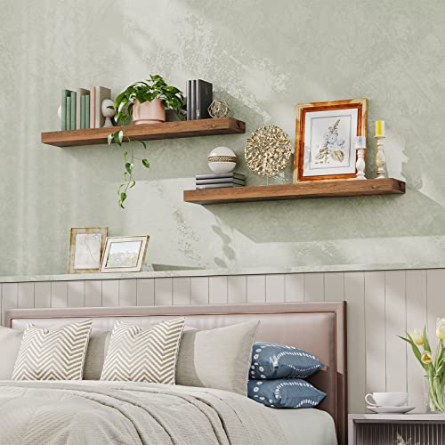 HOOBRO Floating Shelves for Wall, Wall Mounted Shelf Set of 2, 47.2" Hanging Shelf with Invisible Brackets, for Wall Storage in Bathroom Bedroom Kitchen Living Room Office, Rustic Brown BF120BJP201 by HOOBRO - Image 2