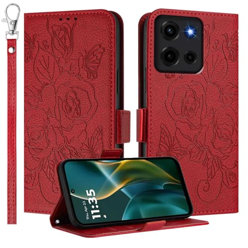 JanCalm for Moto G 2025 Case Wallet, [RFID Blocking] [Card Cash Slots] [Wrist Strap] Floral Butterfly Cute Pattern Leather Protective Stand Flip Cases Cover for Moto G 5G 2025 (Red)