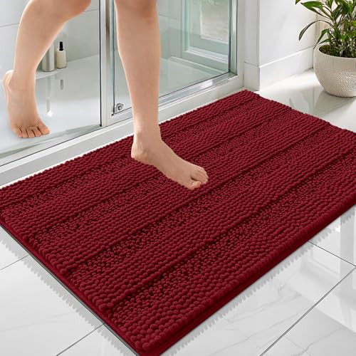 Image of OLANLY Thick Bathroom Rugs 36x24, Extra Soft Absorbent Chenille Striped Bath Rugs, Rubber Backing, Machine Wash Dry, Bath Mats for Bathroom Floor, Tub and Shower, Home Decor Accessories, Red