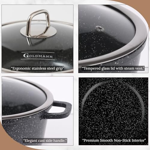 GOLDMANN Kochtopf aus Aluminiumguss, 24 cm - 4.5 L, antihaftbeschichtete Keramik-Marmor-Optik, Glasdeckel, induktions- und für alle Herdarten geeignet, ofenfest und PFOA-frei 5