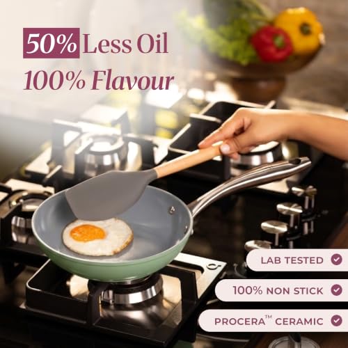 Image of Asai Ceramic Non Stick Fry Pan 24cm with Silicone Spatula | Green | 100% Toxin Free | No PFAS, PFOA, PTFE | Superior Swiss Ceramic | Induction Safe | Non Stick Frying Pan, Egg Pan | Lab Tested