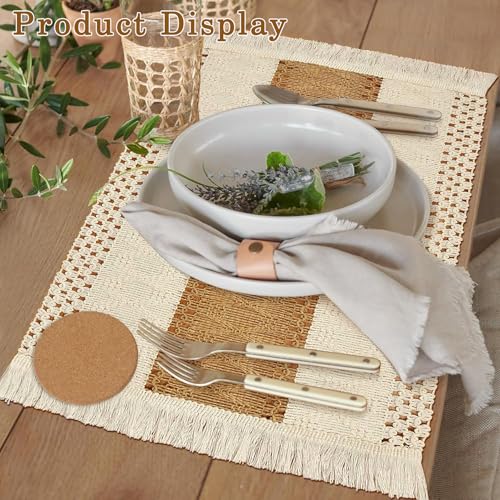 Boho Placemats and Cork Coasters Pack of 6,Natural Cotton Burlap Place Mats and Cork Coasters, Macrame Table Decor Dining Table Home Kitchen Décor for Party,Birthday,Anniversary and More