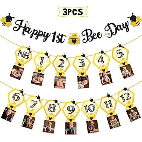 3PCS Happy Bee Day Party Decorations, Bumble Honey Bee 1st Birthday Baby Photo Banner for Newborn to 12 Months, Monthly Milestone Photograph Bunting Garland, First Birthday Celebration Decorations Cover
