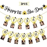 3PCS Happy Bee Day Party Decorations, Bumble Honey Bee 1st Birthday Baby Photo Banner for Newborn to...