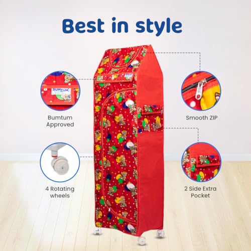 Image of Bumtum Baby Wardrobe Multipurpose 6 Shelve |Foldable Almirah| Baby Wardrobe for Clothes Storage | Baby Wardrobe Cover | Baby Almirah with Wheels (Red)