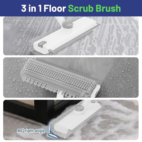Image of 3 in 1 Floor Scrub Brush with Long Handle & Squeegee | Heavy-Duty, Adjustable, 360 Rotating Head for Cleaning Tile Bathroom Deck Kitchen Patio, White