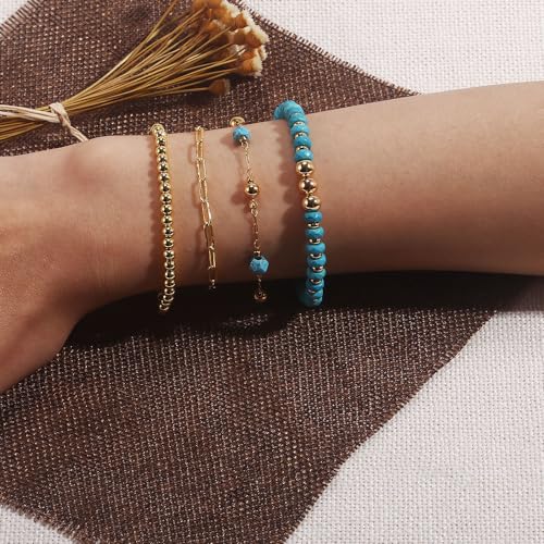 Myofeng 4 Pcs Turquoise Bracelets Bohemian wind 14K Gold Beaded Bracelets Stackable Adjustable Paperclip Link Stretch Bracelets Charm Jewelry Present for Women2
