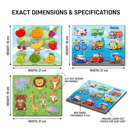 Image of Lefan Wooden Peg Puzzle Set for Kids 2-4 Years | Animals, Fruits & Vehicles Learning Puzzle Boards | MDF Wooden Educational Toy for Toddlers | 3 Boards with Easy Grip Pieces
