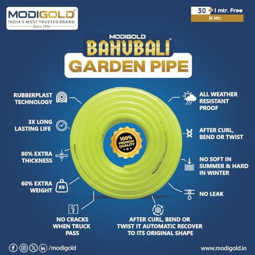 Image of BAHUBALI Garden Hose Pipe With Free Accessories | Leak Proof UV & Weather Resistant easy Recover | Easy to Connect for Home Gardening, lawn, Car Wash (Size - 30 Mtr + 1 Mtr Free) (3 /4 Inch)