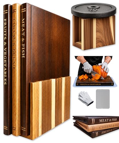Book Cutting Board Set, Kitchen Cutting Boards, 3 Labeled Boards with Stand
