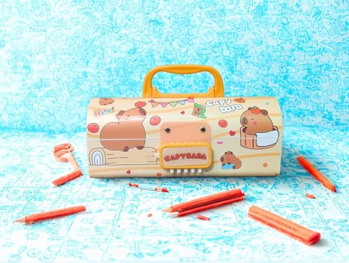 Image of WORSHIPER New Cartoon Theme Pencil Box with Push Pull Eraser Set for Kids | Suitcase Style Password Lock Stationery Organizer | School Supplies Gift Combo for Boys & Girls (Capybara + Eraser)