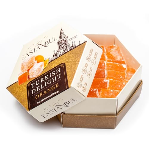 Eastanbul Turkish Delight, 8.8oz, Turkish Delights Candy, with Orange Flavor, Lokum, Loukoumi, Narnia Gifts, Vegan Gifts, Nut-Free, Gluten Free, No Synthetic Ingredient, No Artificial Coloring