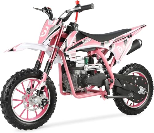BLAZEGO 50cc 4-Stroke Kids Dirt Bike Gas Powered Mini Motorcycle 10 Tires Dirtbike with Full Suspension 25 MPH 132 LBS Load for Kids 8-14 PCK-06 Pink