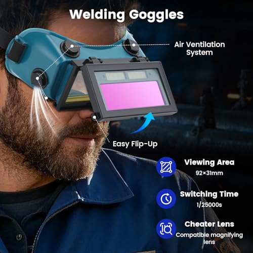 Image of Auto Darkening Welding Goggles with Clear Inner Lenses Welding Helmet Solar Welder Eyes Glasses Flip Up Lens Eye Protection (Dark Green)