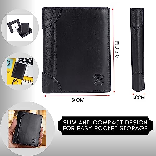 Image of Zeetap Genuine Leather Wallet for Men | RFID Blocking Wallet | Mens Leather Wallet with Zip | Slim Bifold Wallet with 9 Card Slots | Gift for Men (Black)