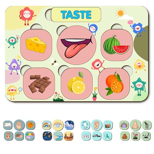 Image of Lefan 5 Sense Puzzle for Toddlers Montessori Wooden Educational Board with Sight, Taste, Touch, Hearing & Smell - Colorful Matching Game for Kids Age 2 3 4 5 6 7+ Years