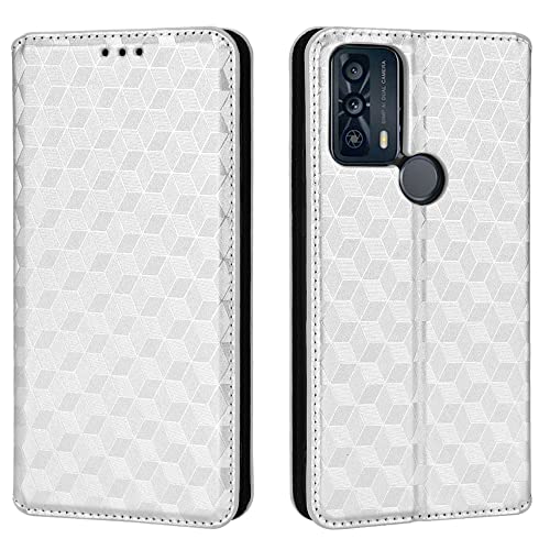 QINOUK - Funda para TCL 20B, cierre magnético, piel sintética, 2 ranuras, función atril, compatible con TCL 20B, color plateado