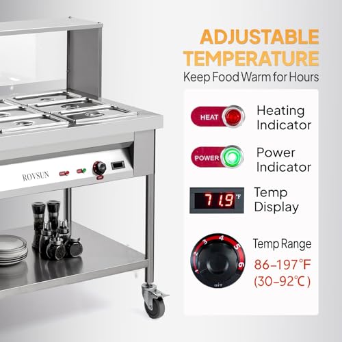 Rovsun FOOD WARMER-3 96Qt 1500W Electric Commercial Food Warmer, 12-Pan Steam Table 8Qt/Pan Stainless Steel Bain Marie W/Acrylic Shield Overshelf Undershelf Temperature Control & Lid thumb #4