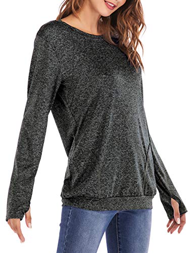 Kimiee Women's Long Sleeve Crew Neck Blouse Gym Quick Dry T Shirts Thumb Holes Pullover Tunic Tops with Pocket (XL, Gray Mix Black) - Thumbnail 4