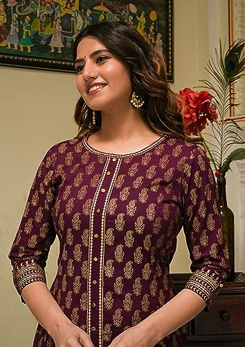 Image of Yash Gallery Women's Cotton Relaxed Fit Anarkali Plus Size Gold Printed Kurta