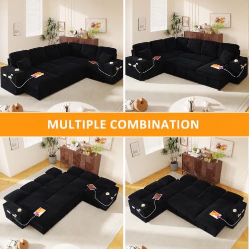 Image of Modular Sectional Sleeper Sofa with Pull Out Bed, 108 Inch U Shaped 7 Seat Couches for Living Room, Chenille Fabric Cloud Couch Bed with Storage, Reclining Backrest, USB Charging, Corduroy
