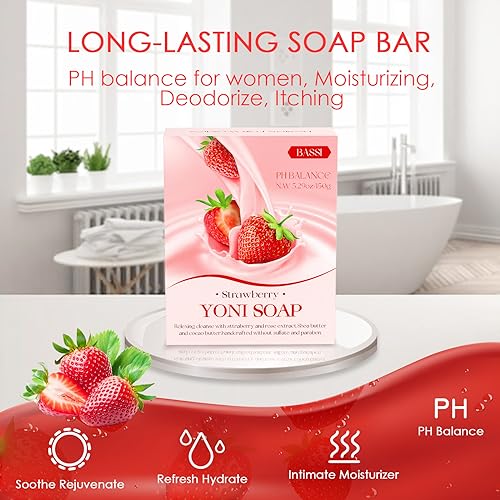Image of Yoni Soap Bars & Natural Yoni Oil Set, Natural Yoni Wash for Women Feminine Wash Deodorants pH Balance, Eliminates Odor, Strawberry Feminine Oil 30ml /1 oz, 2pcs 3.53 oz Bath Soap