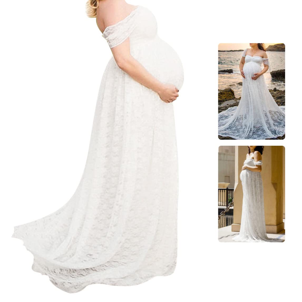Robe de Photographie de maternité Fantaisie en Dentelle, Robe Grossesse Florale à épaules dénudées pour Femme Blanc 2XL