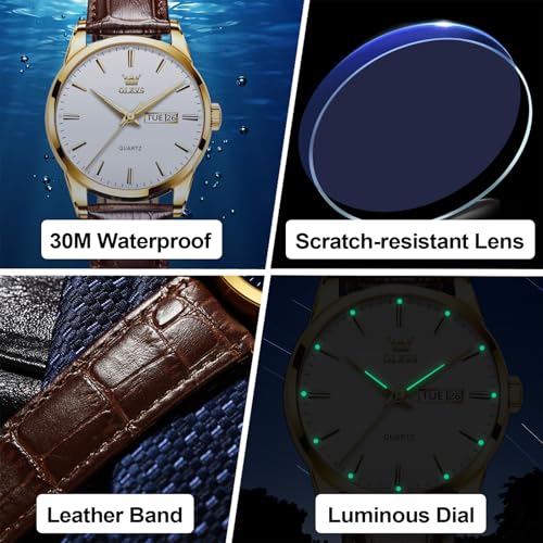 Image of QBAIZI Men's Casual Leather Watch, Easy to Read Three-Hand Analog Stainless Steel Watches for Men, Minimalist Day Date Waterproof Luminous Mens Quartz Wristwatch