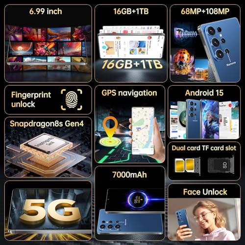Image of SZV 26 Ultra Unlocked Cell Phone,16+1TB 5G Unlocked Phone, Built in Pen Android 15 Battery 7000mAh 6.99 inch HD Screen Smartphone, Dual SIM /Face ID /Fingerprint Lock /GPS (Deep Blue, 16+1TB)