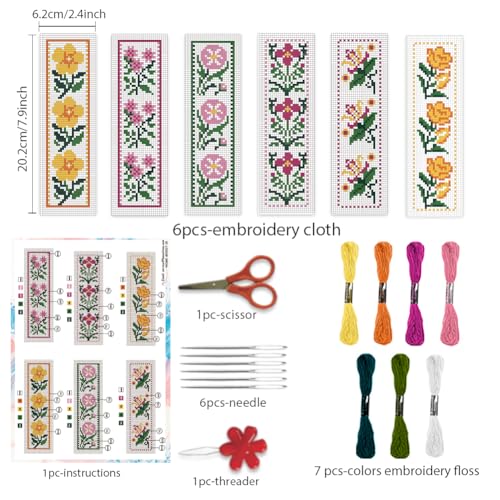 Image of BEUNITONE Cross Stitch Bookmark Kit 6 Pcs Flower DIY Bookmarks Cross Stitch Kits for Adults Beginners with Instructions Cute Pre-Sorted Floss Cross-Stitch Stamped Embroidery Kit for Gifts 8''x2.4''