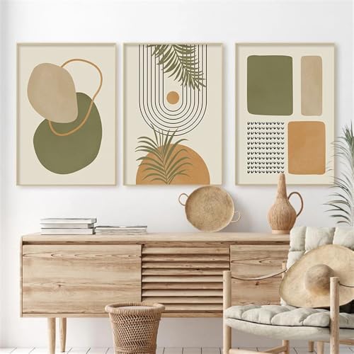 Affiche Abstraite Géométrique à Feuilles Vertes et Beiges | Toile Salon 50x60