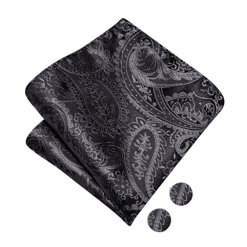 Image of Hi-Tie Bow Tie Men Pre Tied Bowtie Pocket Square Cufflinks Lapel Pin Formal Wedding Bow Ties for Men Party Tuxedo Bowtie Set,Black Paisley Floral