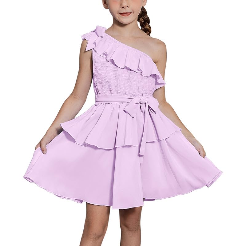 CHILDRENSTAR Girls One Shoulder Dress Chiffon Smocked Ruffles Sleeveless Flowy Party Dresses for Kids 4-13Y