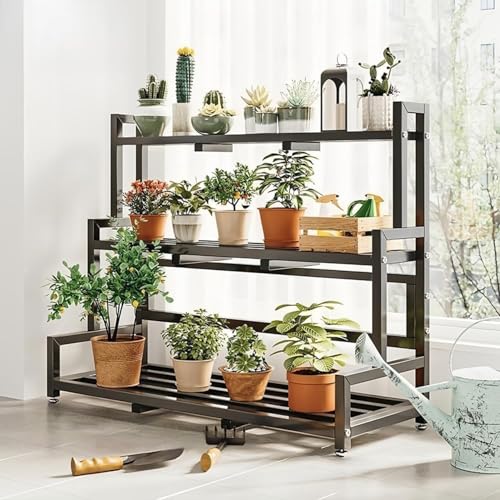 LIIHIU フラワースタンド 屋外 室内 プランターラック 2段 ガーデンラック 屋外落下防止 組立簡単 高い耐荷重 植物 棚 盆栽棚 多肉棚 アイアン ブラック (幅100cm,標準タイプ・3段)