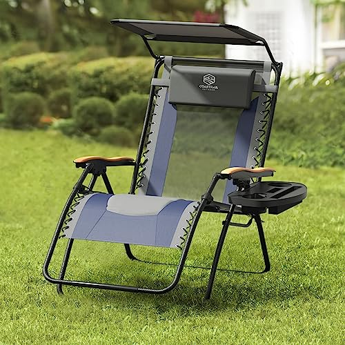 doubob Zero Gravity Chair Camping Recliner Folding Outdoor Patio Lawn Adjustable Lounge Chair with Canopy Shade, Headrest, Side Drink Tray Dark Blue - Image 3