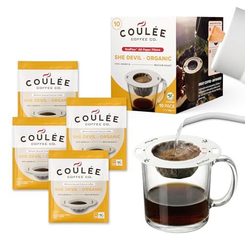 Coulée EcoPour She Devil Coffee, Single Serve Pour Over Arabic Coffee, Medium Roast, Use for Camping or Traveling, Pre Filled Compostable, All Paper Filters, Ready to Brew with Hot Water, 10 Pack