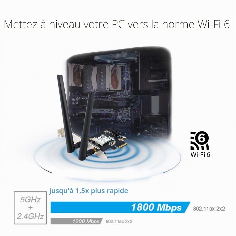 ASUS Adaptateur WiFi AX1800 PCIe (PCE-AX1800) – WiFi 6, Bluetooth 5.2, très faible latence sans fil, 2 antennes externes, prend en charge le débit total de données jusqu'à 1800 Mbps, sécurité réseau