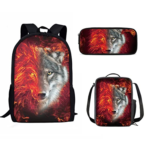 AFPANQZ Teenagers Backpack Set Wolf School Bags Rucksack Insulated Thermal Lunch Boxes Tote Bag with Side Bottle Pocket Small Pencil Case for Teen Boys 3 Pack