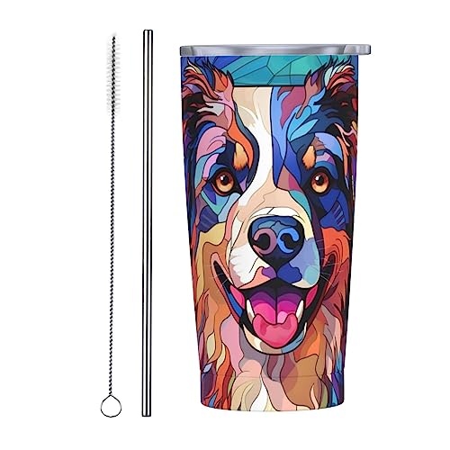Novgift Australian Shepherd Stained Colorful Glass For Men Women, Funny Coffee Mug 20 Oz Vacuum Water Bottle Insulated Travel Cup With Straw Lid Stainless Steel Tumbler